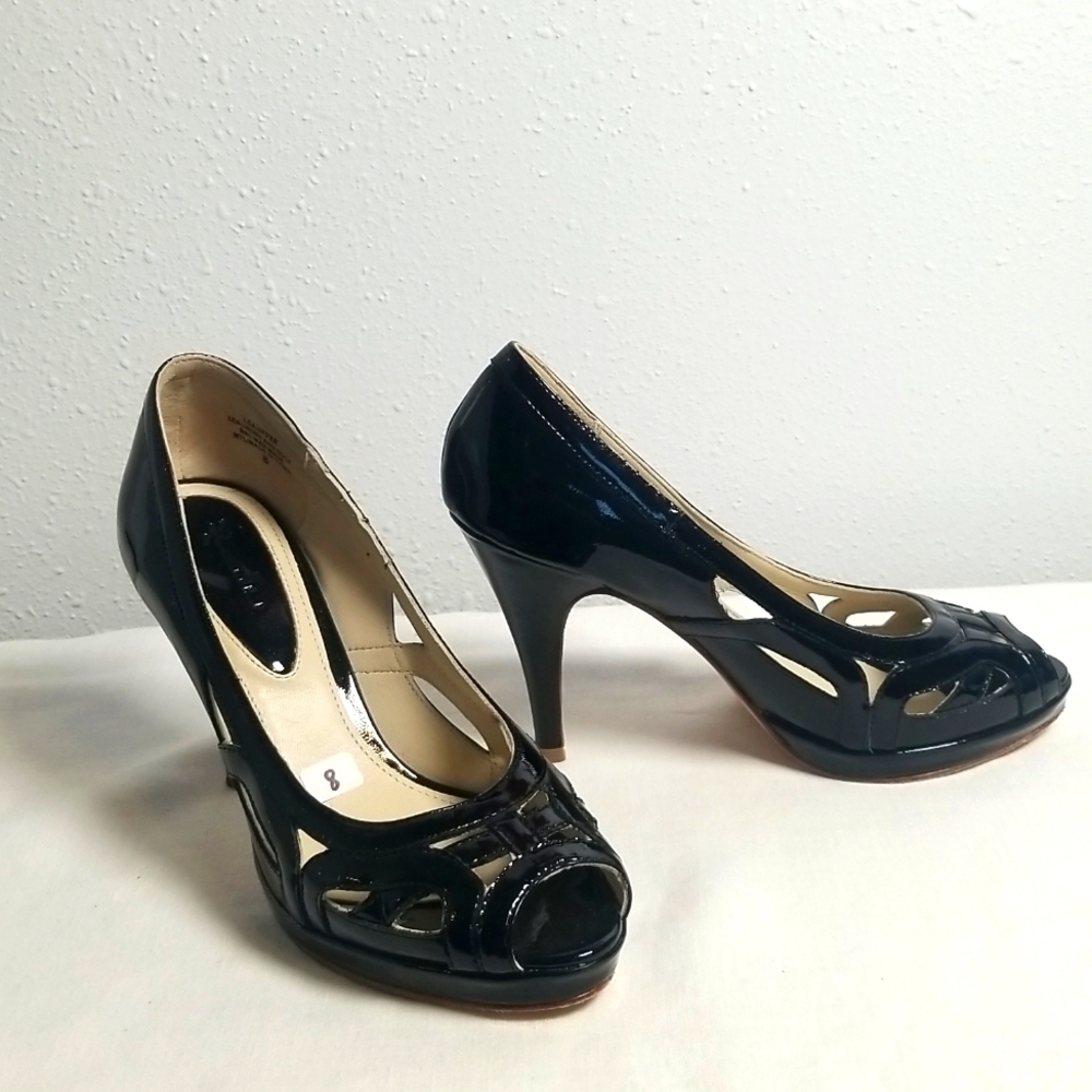 KIMEL Vintage 2000 Patent Leather Basketweave Peep Toe Pumps Black 8